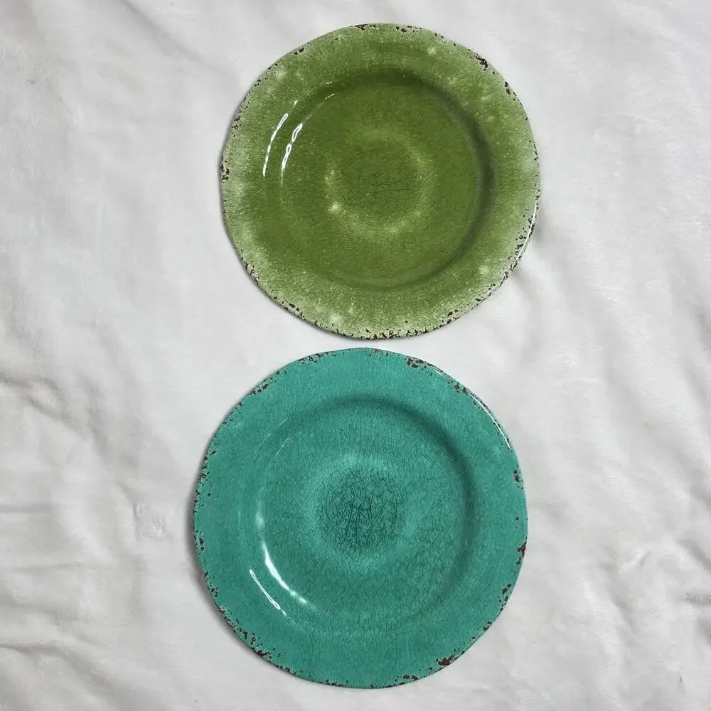 Pier 1 Carmelo Melamine Plates Set of 2 (Teal & Green) Rustic Crackle 11